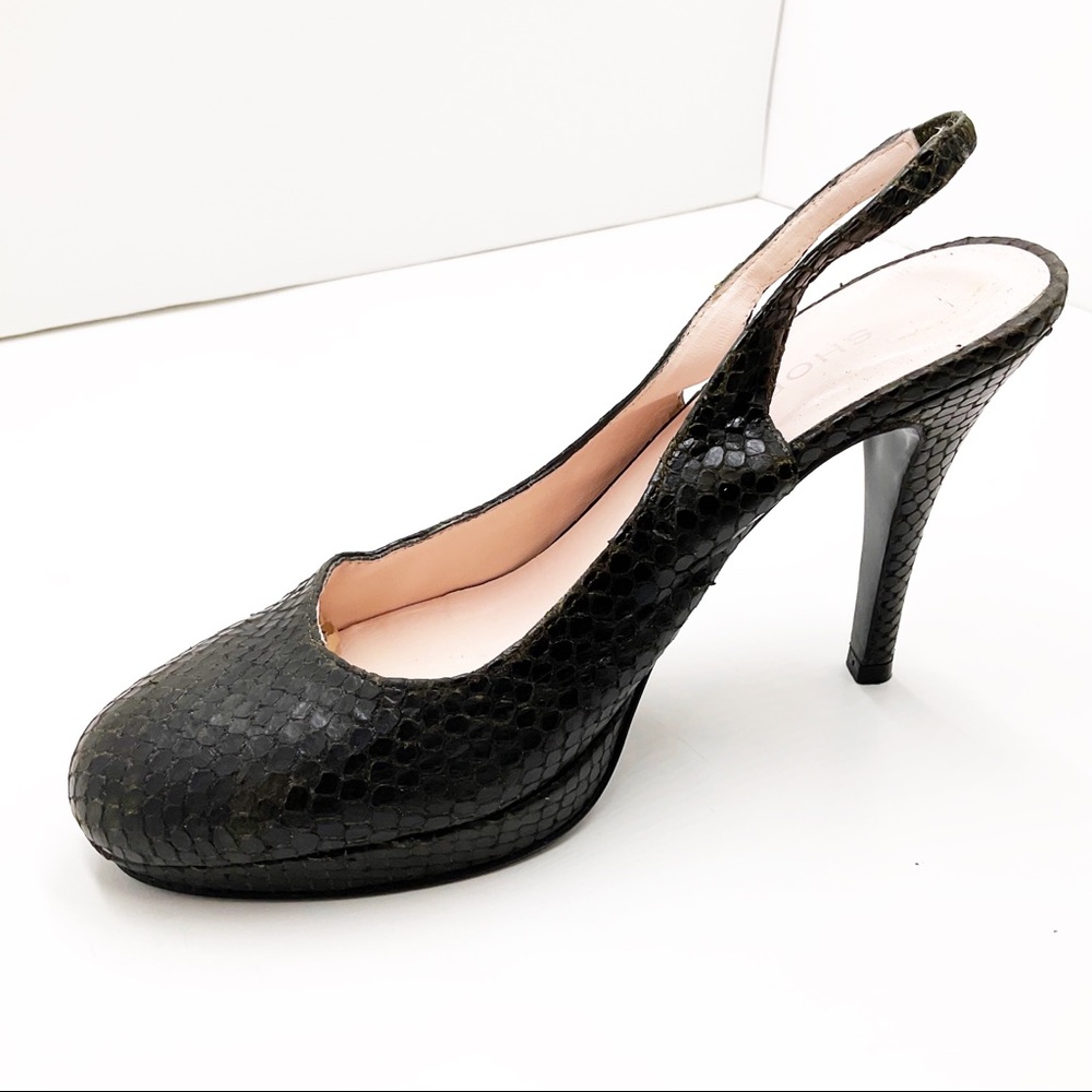 {Shoe Box Ny}Olive Python Leather Sling-Back Heels - image 3